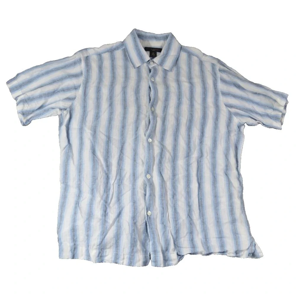 Banana Republic Shirt Short Sleeve Stripe 100% Linen Casual Men M Blue White SS